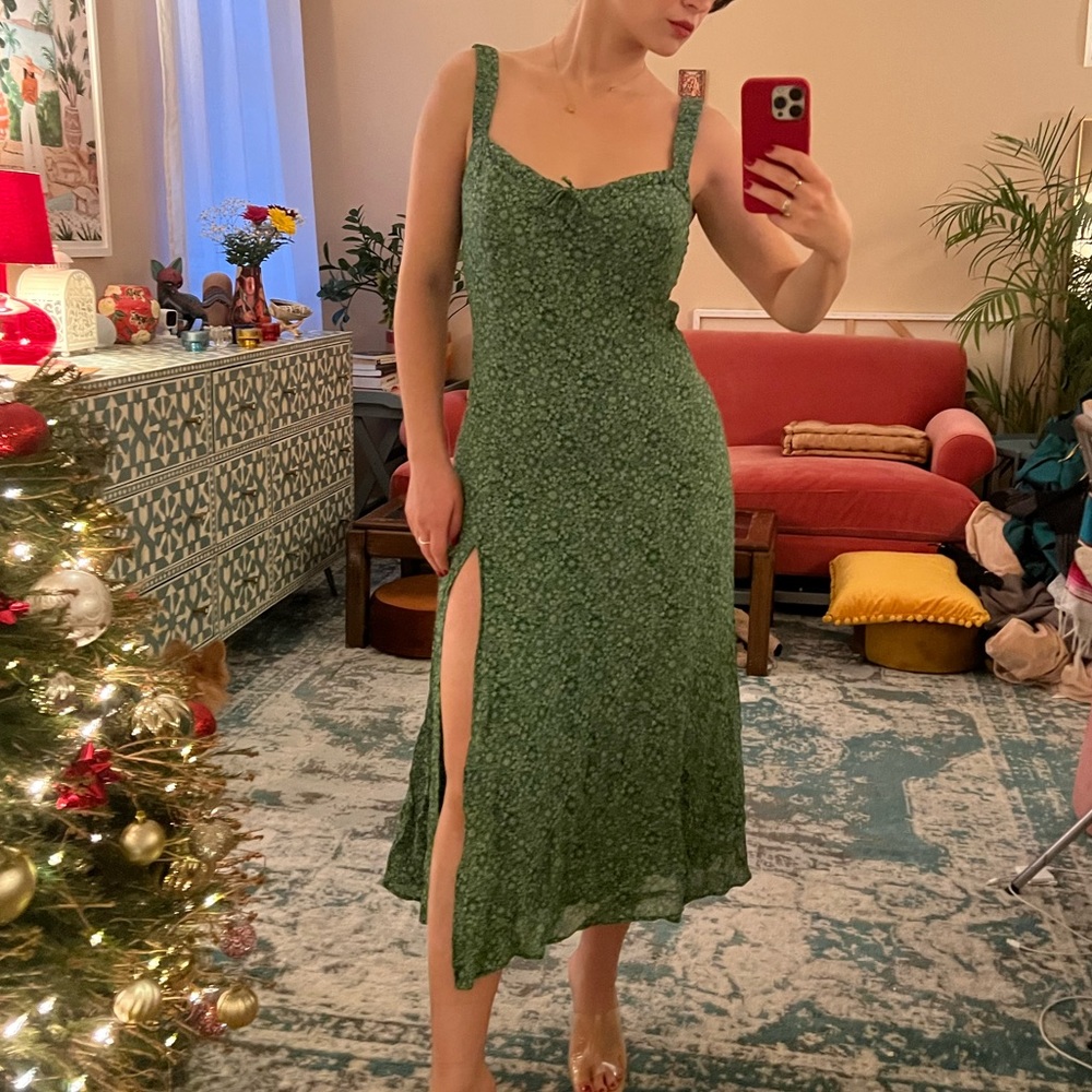 Green Reformation Dress MIDI with a slit